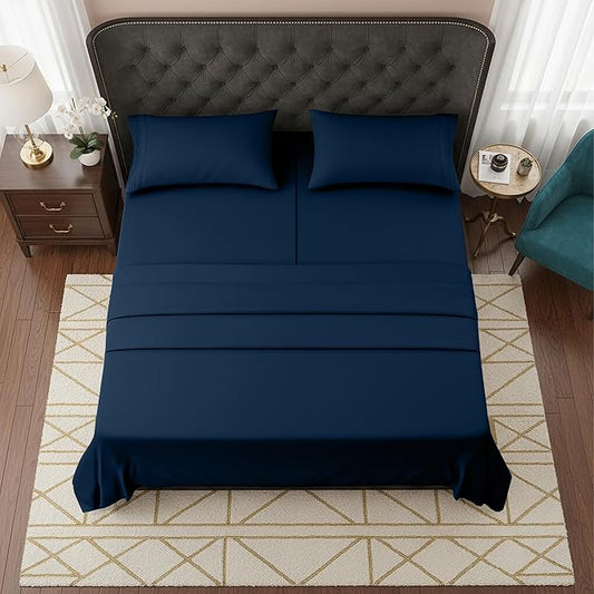 Elegant Comfort Luxurious 1500 Premium Hotel Quality Microfiber Three Line Embroidered Softest 5-Piece Bed Sheet Set, Wrinkle and Fade Resistant, Split King, Navy Blue