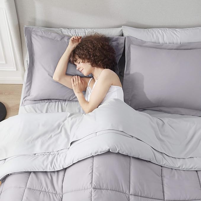 Nestl 7 Piece Full Comforter Set – Grey Lavender Reversible Bed in a Bag – Complete Full Size Bedding Set with Sheets, Pillowcases and Shams