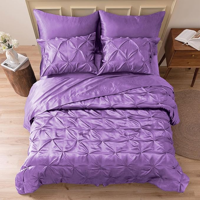 MR&HM Satin Comforter Queen 7 Pieces - Luxurious Pinch Pleat Bedding Set with Comforter, Flat Sheet, Fitted Sheet, Pillowcases & Shams, Super Silky Soft Bed Set for All Season (Queen, Lavender)