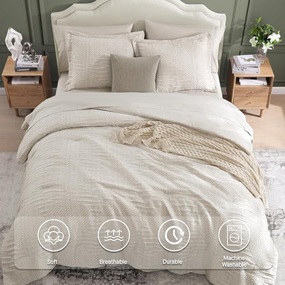 MaiRêve Queen Comforter Set Beige, Crinkle Textured Design Boho Bedding Set 7 Pieces Bed in A Bag, All Season Geometric Comforter Set with Sheets, Pillowcases & Shams