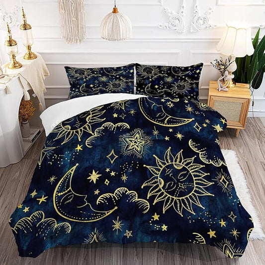 Sun and Moon Comforter Set King Size Blue Gold Boho Celestial Bedding for Kids Adult Women Teens Universe Galaxy Bohemian Exotic Gothic Quilt 1 Comforter + 2 Pillow Cases