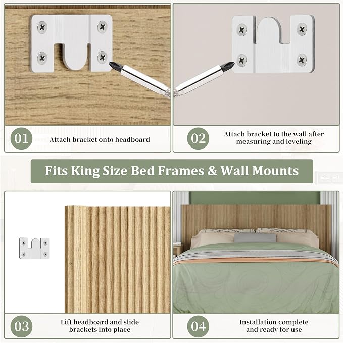 King Size Headboard Only, Modern Fluted Wall-Mounted Head Board with Lighting, Boho Wood Bed headboard Stylish Bedroom Decor, Natural