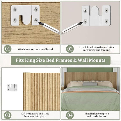 King Size Headboard Only, Modern Fluted Wall-Mounted Head Board with Lighting, Boho Wood Bed headboard Stylish Bedroom Decor, Natural