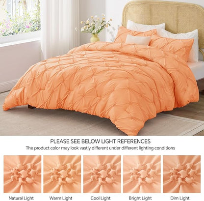 BEDELITE Apricot Queen Comforter Set - 3 Pieces Boho Pintuck Bedding Comforter Sets, Lightweight Soft & Warm Bed Comforter Queen with 2 Pillowcases for All Season