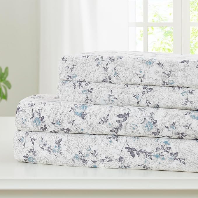 Modern Threads Silky Soft Microfiber and Wrinkle Free Sheets - Luxurious Microfiber Bed Sheets Includes Flat Sheet, Fitted Sheet with Deep Pockets, & Pillowcases Kashmir Rose Blue, California King