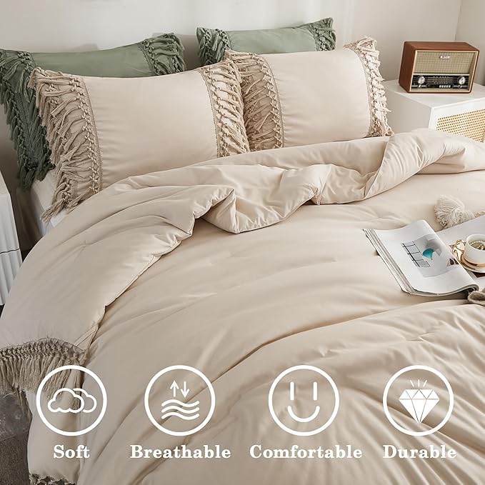 Andency Beige Comforter Set California King, 3 Pieces Boho Tassel Lightweight Soft Bedding Comforter Sets for King Bed, All Season Fluffy Fringe Bed Set (104x96In Comforter & 2 Pillowcases)