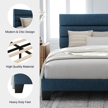 Allewie Full Size Platform Bed Frame with Fabric Upholstered Headboard Blue | Wooden Slats Support, Fully Upholstered Mattress Foundation, No Box Spring Needed, Easy Assembly, Noise-Free, Blue