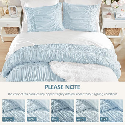 Intelligent Design Ruched Shabby Chic Comforters for Queen Size Bed, All Season Lightweight Comforter Queen, French Country Bedding Set, Sham, Ella, Full/Queen, Blue, 3 Piece