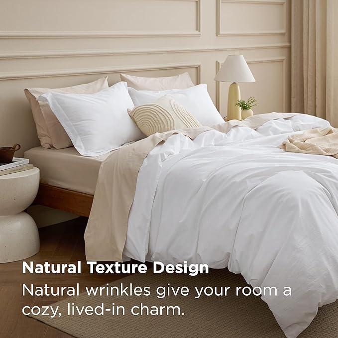 Bedsure 100% Washed Cotton Duvet Cover Oversized King - Bright White Minimalist Cotton Duvet Cover Linen Like for All Seasons - Plain Simple Bedding Set (Bright White, Oversized King, 120"x98")