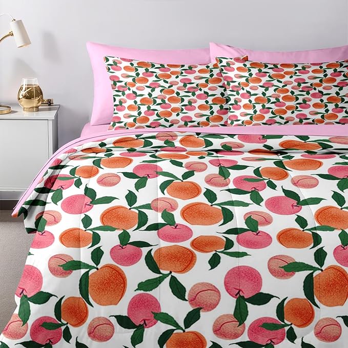 Nesker Comforter Set Full Size, Floral Pink Peach 7 Pcs Bedding for Kids and Adults, Sweet Fruit Vintage Bed Sheet Sets with Fitted Sheet 2 Pillowcases & 2 Shams