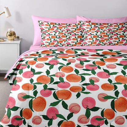 Nesker Comforter Set Queen Size, Pink Peach 7 Pcs Bedding for Kids and Adults, Sweet Fruit Vintage Bed Sheet Sets with Fitted Sheet 2 Pillowcases & 2 Shams