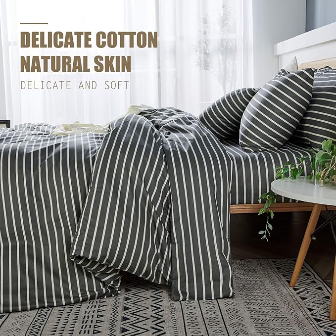 JELLYMONI 100% Natural Cotton 3pcs Striped Duvet Cover Sets, Dark Grey Duvet Cover with White Stripes Pattern Printed Comforter Cover, with Zipper Closure & Corner Ties(Full Size)