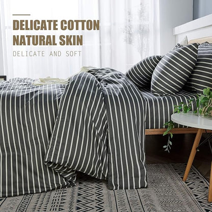 JELLYMONI 100% Natural Cotton 2pcs Striped Duvet Cover Sets, Dark Grey Duvet Cover with White Stripes Pattern Printed Comforter Cover, with Zipper Closure & Corner Ties(Twin Size)
