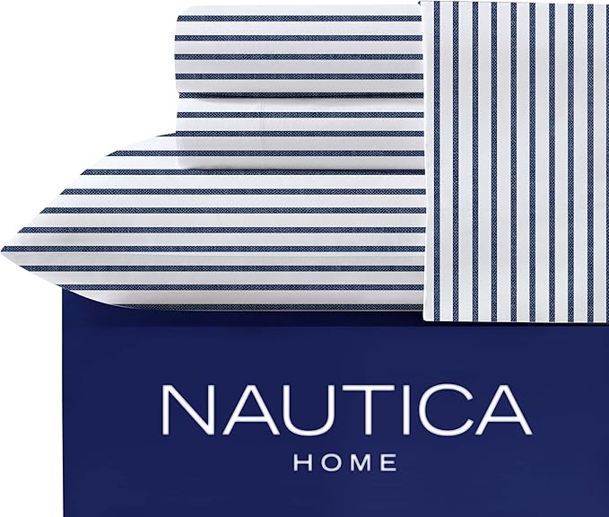 Nautica- Queen Sheet Set, Cotton Percale Bedding Set, Crisp & Cool, Lightweight & Breathable (Harmead Navy, Queen)