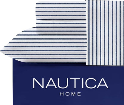 Nautica- Queen Sheet Set, Cotton Percale Bedding Set, Crisp & Cool, Lightweight & Breathable (Harmead Navy, Queen)