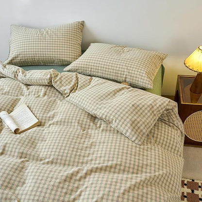 EAVD Vintage Style Green Plaid Duvet Cover King Soft 100% Washed Cotton Chic Checkered Gingham Bedding Set with 2 Pillowcases Farmhouse Green Gingham Duvet Cover with Zipper Closure