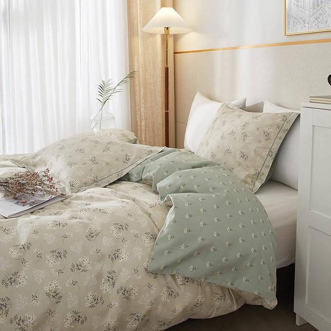 VM VOUGEMARKET Vintage Flower Duvet Cover Set Full Cotton Girls Aesthetic Bedding Set Reversible Floral Duvet Cover with 2 Pillow Shams,Blooming Comforter Cover with Zipper-Gray Green