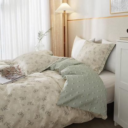 VM VOUGEMARKET Vintage Flower Duvet Cover Set Full Cotton Girls Aesthetic Bedding Set Reversible Floral Duvet Cover with 2 Pillow Shams,Blooming Comforter Cover with Zipper-Gray Green