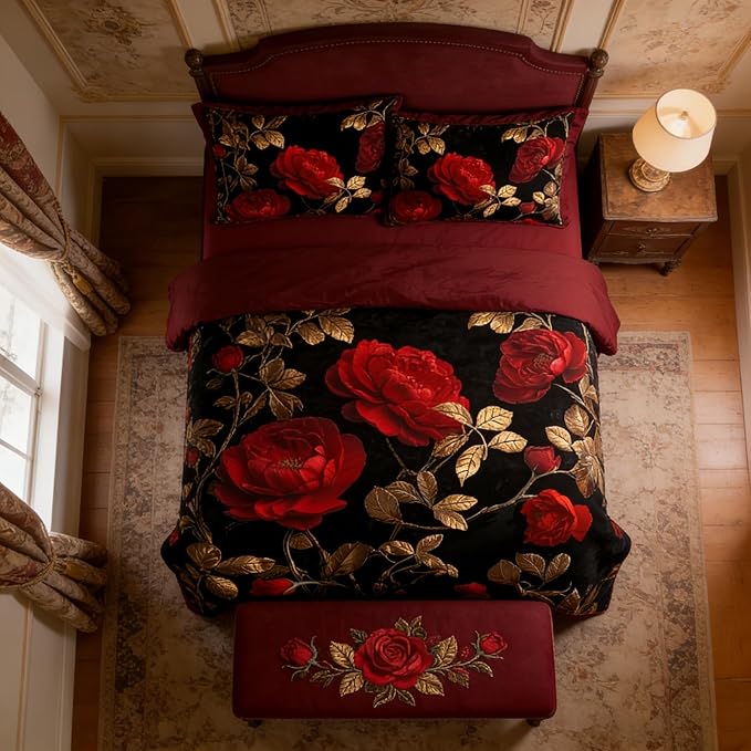 Black Red Roses Comforter Set King Size, Vintage Gothic Floral Bedding on Burgundy Backround - 3Pcs Romantic Microfiber Quilted Set with 2 Pillowcases for All Season, 104"x90"