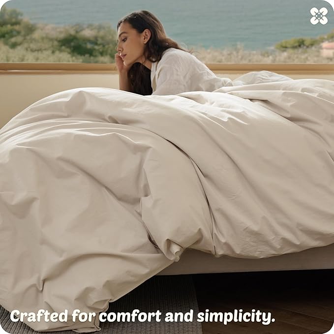 Bedsure Cotton Duvet Cover Queen Size - Luxury Slub Weave 100% Cotton Duvet Cover Set, PureWoven Bedding Set with a Linen Like Textured, Easy Change, Ivory, 90" x 90"
