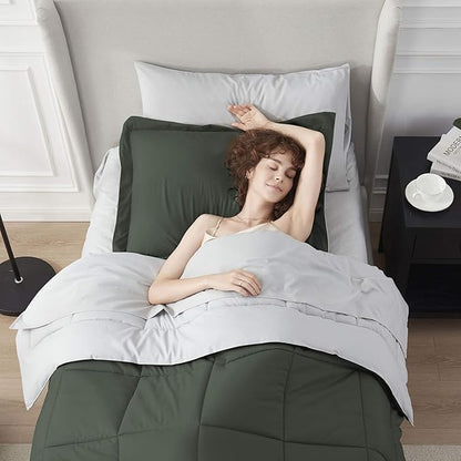 Nestl 5 Piece Twin XL Comforter Set – Olive Green Reversible Bed in a Bag – Complete Twin XL Size Bedding Set with Sheets, Pillowcase and Sham
