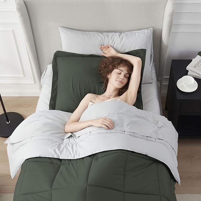 Nestl 5 Piece Twin Comforter Set – Olive Green Reversible Bed in a Bag – Complete Twin Size Bedding Set with Sheets, Pillowcase and Sham