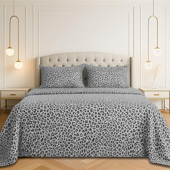 Satin Sheets California King [4-Piece, Silver Leopard] Silky Bed Sheets - Extra Soft 1800 Microfiber Sheet Set, Wrinkle, Fade, Stain Resistant - Deep Pocket Fitted Sheet, Flat Sheet, Pillow Cases
