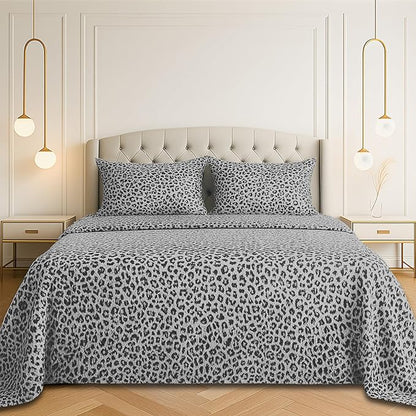 Satin Sheets California King [4-Piece, Silver Leopard] Silky Bed Sheets - Extra Soft 1800 Microfiber Sheet Set, Wrinkle, Fade, Stain Resistant - Deep Pocket Fitted Sheet, Flat Sheet, Pillow Cases