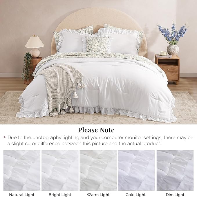Twin XL Comforter Set - 5 Pieces Ruffle White Bedding Sets, Shabby Chic Farmhouse Bed in a Bag Twin XL with Ruffle Comforter, Floral Sheets, Pillowcases & Shams