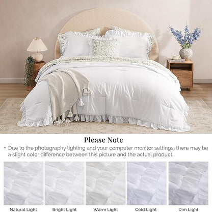 Twin XL Comforter Set - 5 Pieces Ruffle White Bedding Sets, Shabby Chic Farmhouse Bed in a Bag Twin XL with Ruffle Comforter, Floral Sheets, Pillowcases & Shams