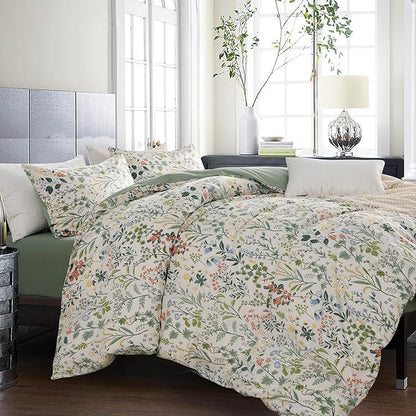 Floral Comforter Set Full Soft Bedding Comforter Set 3 Pieces Garden Style Green Red Flower Print Botanical Flowers Comforter Set for All Seasons 1 Comforter and 2 Pillowcases (Floral, Full)