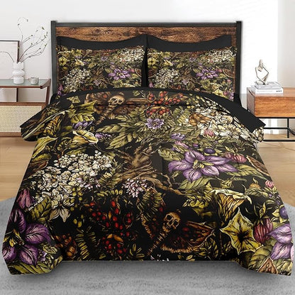 Comforter Set Full Size, Gothic Flower Tree Plants 7 Pcs Bedding for Kids and Adults, Death Moth Green Bed Sheet Sets with Fitted Sheet 2 Pillowcases & 2 Shams for Bedroom Bed Decor