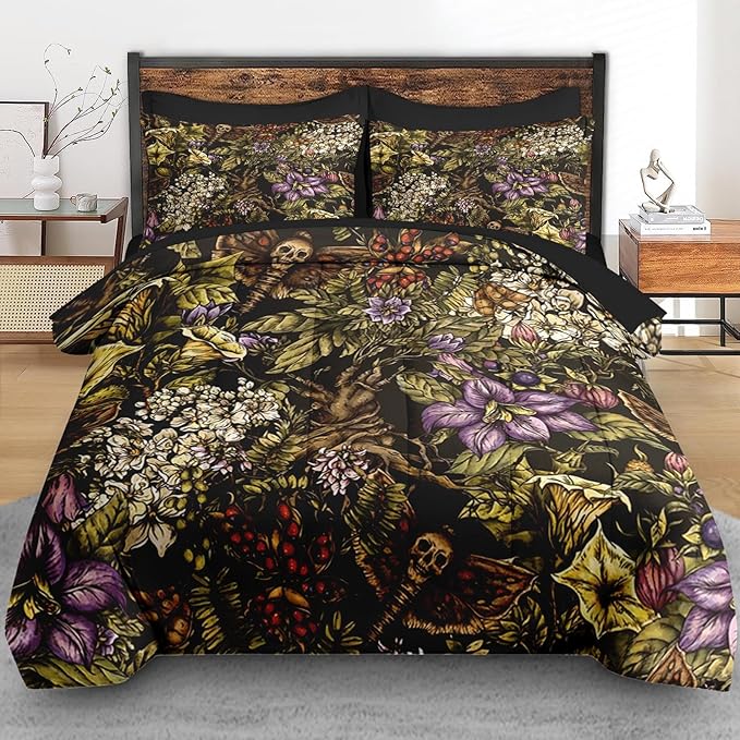 Comforter Set Twin Size, Gothic Flower Tree Plants 5 Pcs Bedding for Kids and Adults, Death Moth Green Bed Sheet Sets with Fitted Sheet Pillowcase & Sham for Bedroom Bed Decor