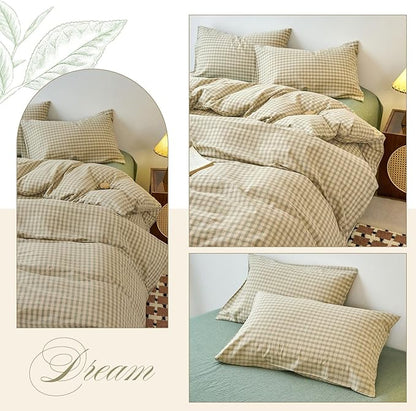EAVD Vintage Style Green Plaid Duvet Cover Queen Soft 100% Washed Cotton Chic Checkered Gingham Bedding Set with 2 Pillowcases Farmhouse Green Gingham Duvet Cover with Zipper Closure