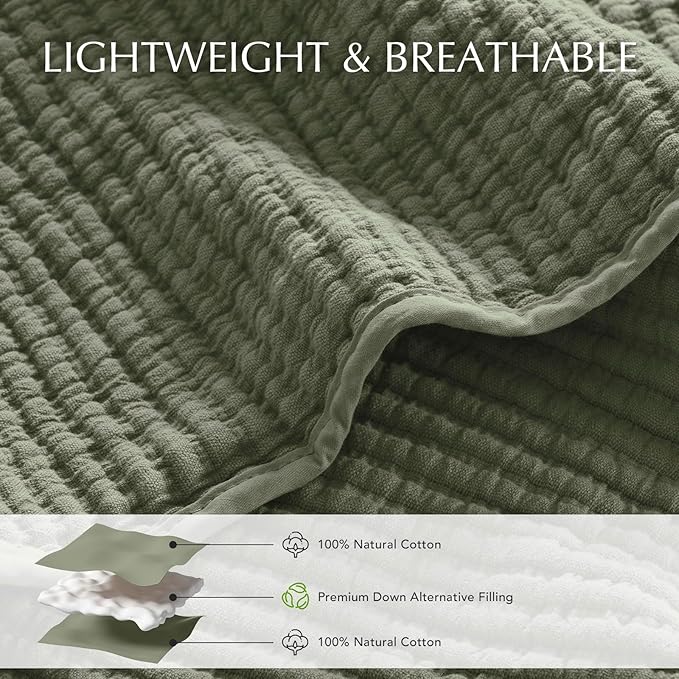 EVERGRACEHOME Cotton Coverlet Set King Size 3 Pieces, Lightweight Soft Ribbed Matelassé Bedspread Quilt Set, Cozy Oversized Quilted Bedding Set with 2 Pillow Shams for All Seasons, Olive Green
