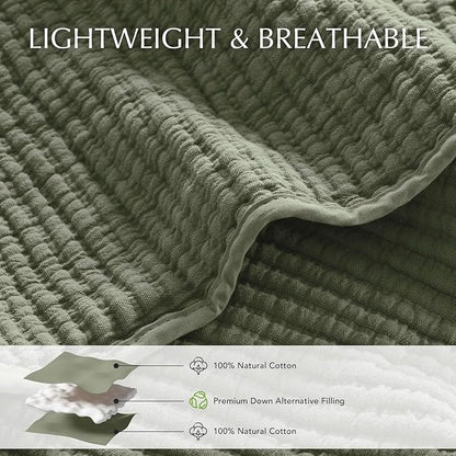 EVERGRACEHOME Cotton Coverlet Set Full Queen Size 3 Pieces, Lightweight Soft Ribbed Matelassé Bedspread Quilt Set, Cozy Oversized Quilted Bedding Set with 2 Pillow Shams for All Seasons, Olive Green