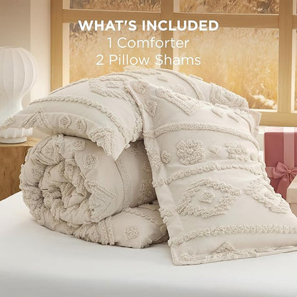 Bedsure Boho Tufted Beige Comforter Set Queen Size, GentleSoft™ 3 Pieces Boho Farmhouse Decor Bedding, Exquisite Shabby Chic Bedding for All Seasons, 1 Bed Comforter, 2 Pillow Shams, 90x90 Inches