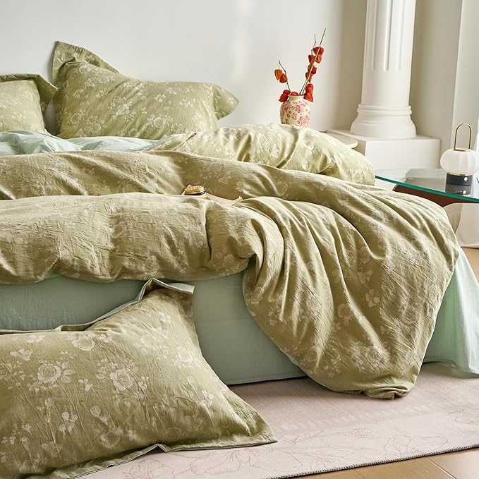 mixinni 100% Washed Cotton Cover Set, Reversible Vintage Green Floral Butterfly Jacquard Textured Comforter Cover, Boho Farmhouse Bedding Set with Zipper Closure for All Season, Queen Size