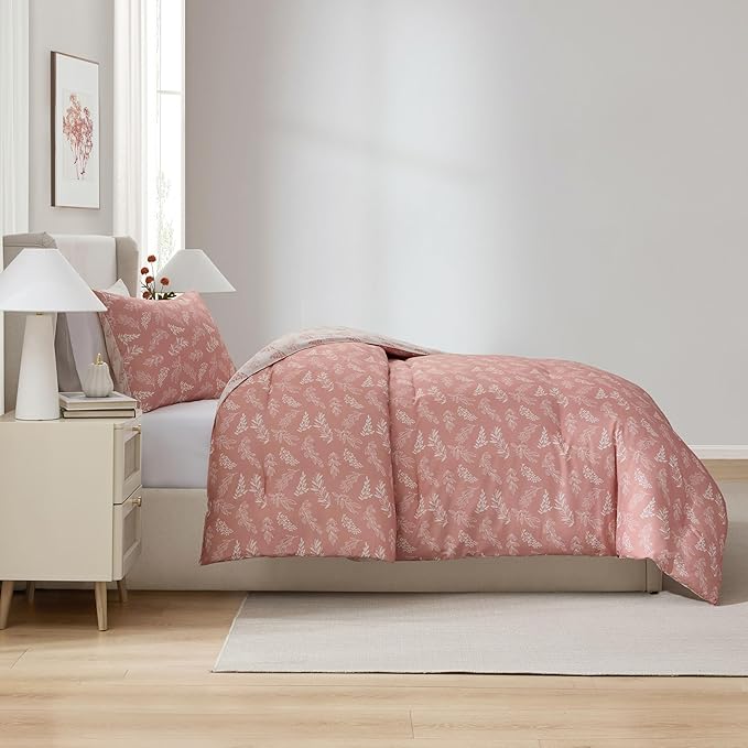 Nestl Twin/Twin XL Comforter Set - Blush Bed in a Bag Twin, 2 Pieces Reversible Bed Set, Soft Floral Bedding Set for College Dorm, All Season Botanical Comforters with Pillow Sham