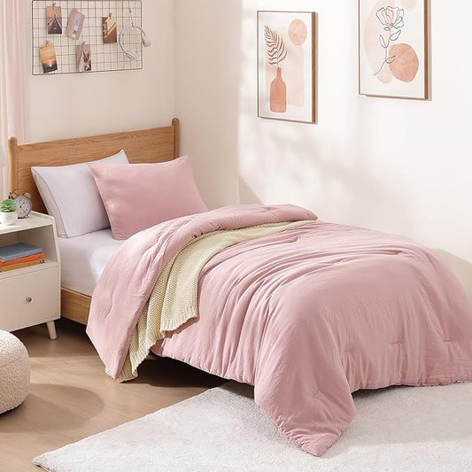 WRENSONGE Twin/Twin XL Comforter Set - 2 Pieces Soft Pink Comforter Prewashed Soft Lightweight for All Seasons,Fluffy Down Alternative Twin XL Comforter with 1 Pillow Sham