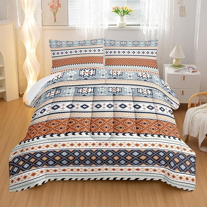 Off White Bohemian Comforter Sets King Size,Tribal Geometric Bedding Set for Your Room,Abstract Soft Lightweight Quilted Set All Season,1 Comforter and 2 Pillowcases