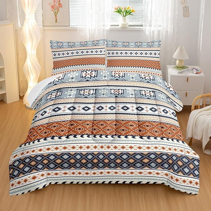 Off White Bohemian Comforter Sets King Size,Tribal Geometric Bedding Set for Your Room,Abstract Soft Lightweight Quilted Set All Season,1 Comforter and 2 Pillowcases
