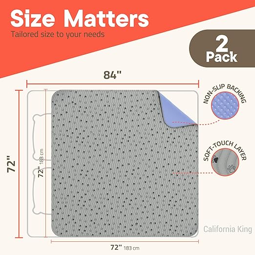 Washable Underpads 72"x72" ( Pack of 2) – Reusable Waterproof Bed Pads for Pets, Kids & Elderly, Extra Heavy Absorbent Incontinence Training & Bedwetting Pads, Non-Slip TPU Backing, Grey & Blue