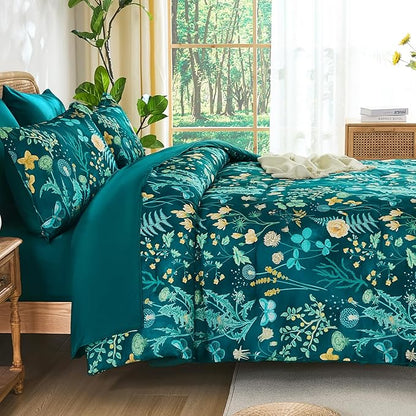 Yiran King Size Comforter Set 7 Piece, Teal Green Floral Bedding Set, Lightweight Bed in a Bag King with Botanical Flowers Spring, Soft Microfiber Complete Bedding Set with Sheets for All Season