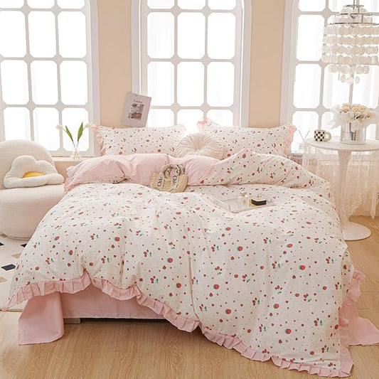 HighBuy Full Comforter Set Strawberry Print Comforter Cozy Soft Ruffled Bedding Set White Pink Cute Girl Bedding Comforter Set Full Bed Set Fluffy 1 Ruffle Comforters with 2 Pillowcases