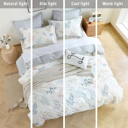 White Cotton Comforter Queen Size 3Pcs - Blue, Beige and Blush Botanicals Pattern on White, Gray Grid Back, Reversible Lightweight Bedding Sets with Soft Fill(Queen, 90"×90")