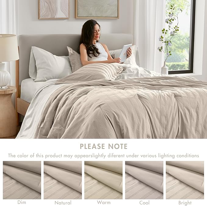 Madison Park Essentials Striped Comforter Set King, 7 Pieces Modern Minimalist Jacquard Bedding Set for All Season, Bed in A Bag with Sheet Set and Soft Brushed Reverse, Lightweight Neutral