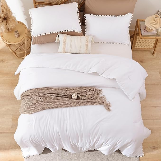 YIRDDEO Twin Comforter Set - Comforter Twin Size Bed with Ball Pom Fringe, Soft Bedding Set for All Seasons - 2 Pieces, 1 Comforter (66"x90") & 1 Pillow Sham(20"x26"), White