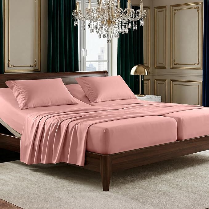 Elegant Comfort Luxurious 1500 Premium Hotel Quality Microfiber Three Line Embroidered Softest 5-Piece Bed Sheet Set, Wrinkle and Fade Resistant, Split King, Dusty Rose