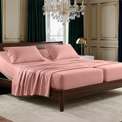 Elegant Comfort Luxurious 1500 Premium Hotel Quality Microfiber Three Line Embroidered Softest 5-Piece Bed Sheet Set, Wrinkle and Fade Resistant, Split King, Dusty Rose